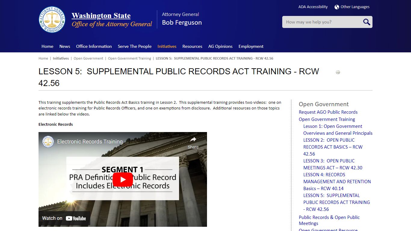 LESSON 5: SUPPLEMENTAL PUBLIC RECORDS ACT TRAINING - RCW 42.56 - Washington