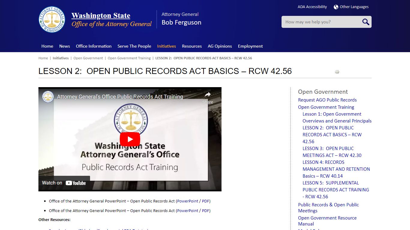 LESSON 2: OPEN PUBLIC RECORDS ACT BASICS – RCW 42.56