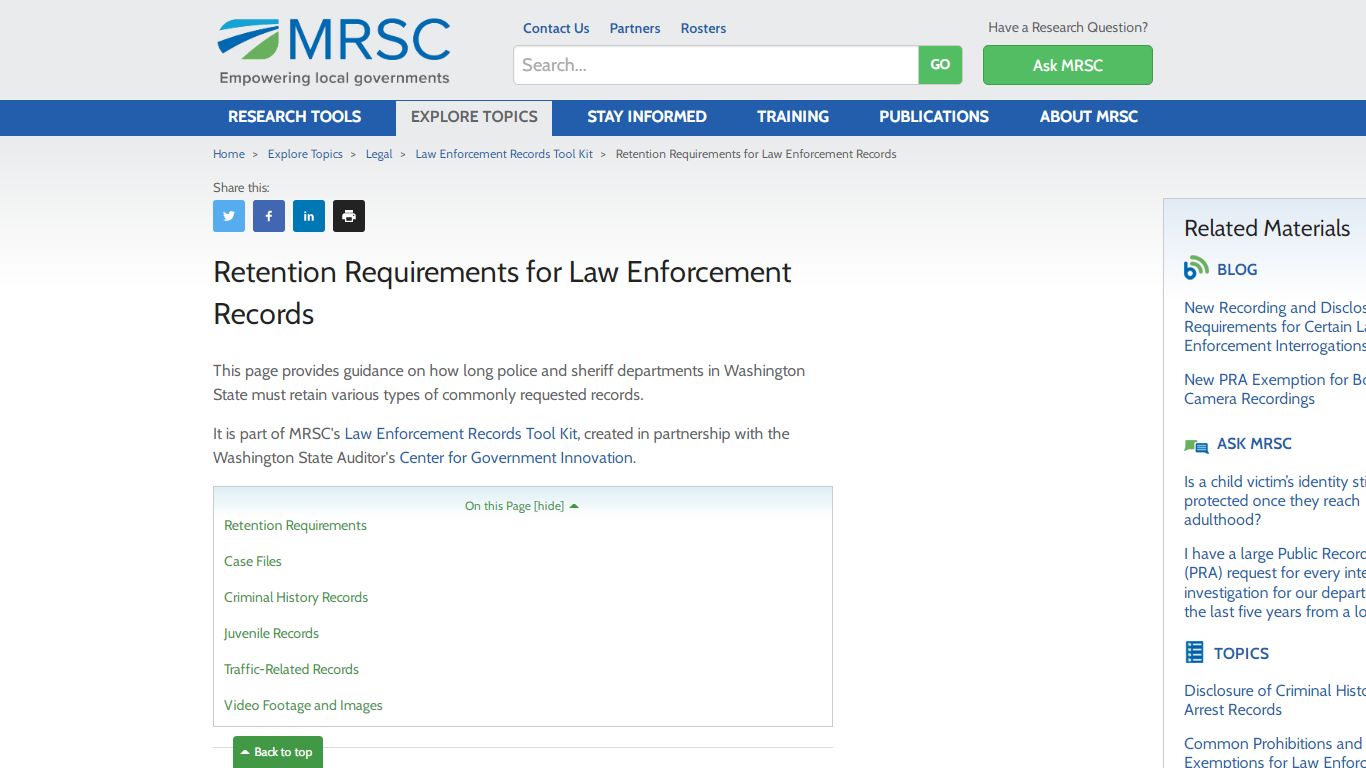 MRSC - Retention Requirements for Law Enforcement Records